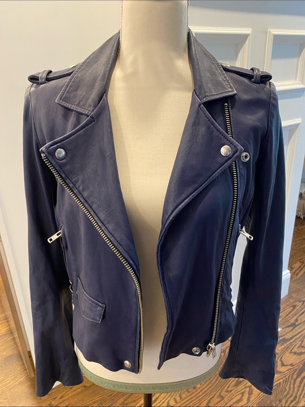 IRO Navy Lamb Leather Moto Jacket with Silver Zippers- The Asheville